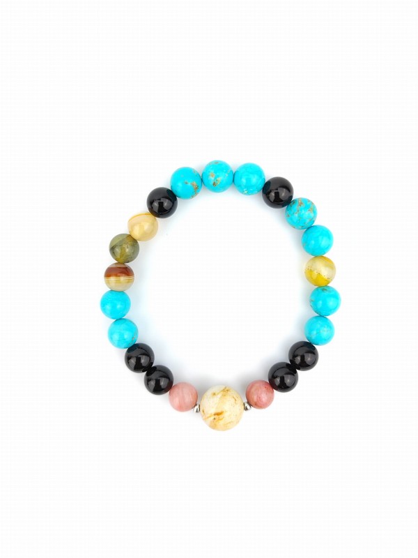 Bransoletka Mala z kamieni naturalnych 21 koralików CHAKRA STONES  ZROZUMIENIE  Howlit Turkus, Onyks i Agat Bursztynowy 1.jpg