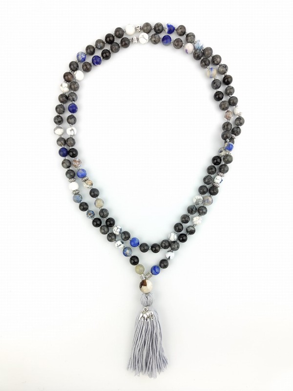 Mala z kamieni naturalnych 108 koralików CHAKRA STONES naszyjnik  JAPA MALA  Larvikit, Onsydian Śnieżny, Sodalit, Agat Ognisty 1.jpg