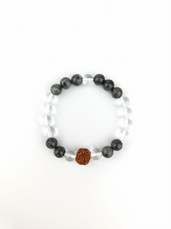 Bransoletka Mala 21 Koralików Kwarc Górski Larvikit Rudraksha Bhakthi by Kalawa