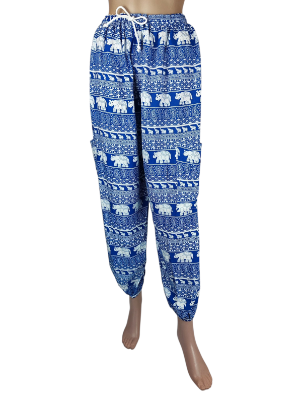 Spodnie ELEPHANT wzór Słonie alladynki Onesize niebieskie.png