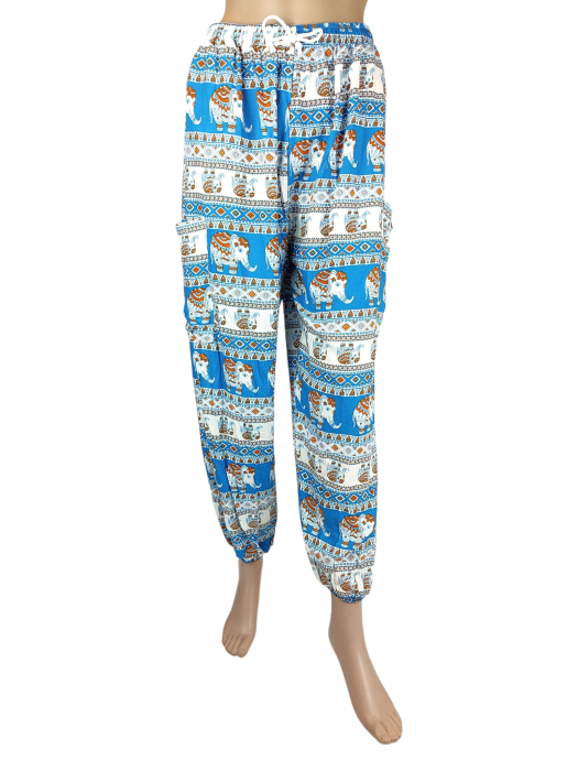 Spodnie ELEPHANT wzór Słonie alladynki Onesize niebiesko białe.png