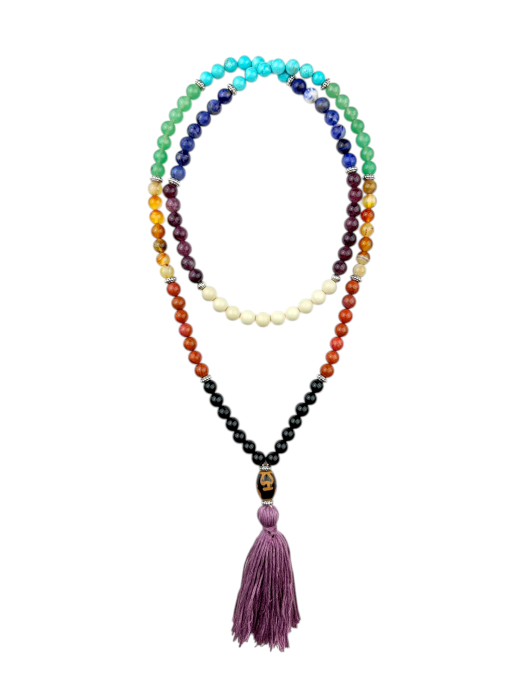 Mala 108 koralików 7 Chakra Stones – 7 kamieni czakralnych i Kamień Rzeczny