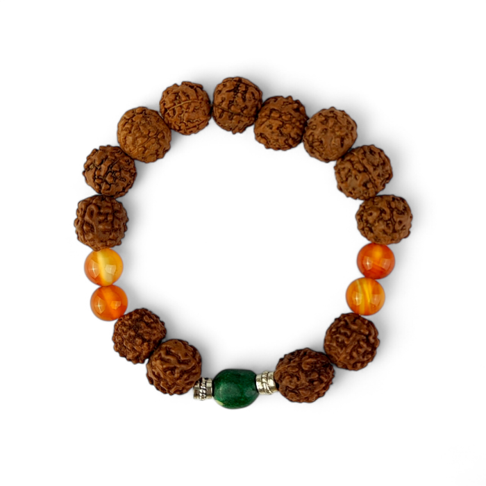 Bransoletka Rudraksha Karneol 8 mm i Zielony Jadeit Bhakthi by Kalawa