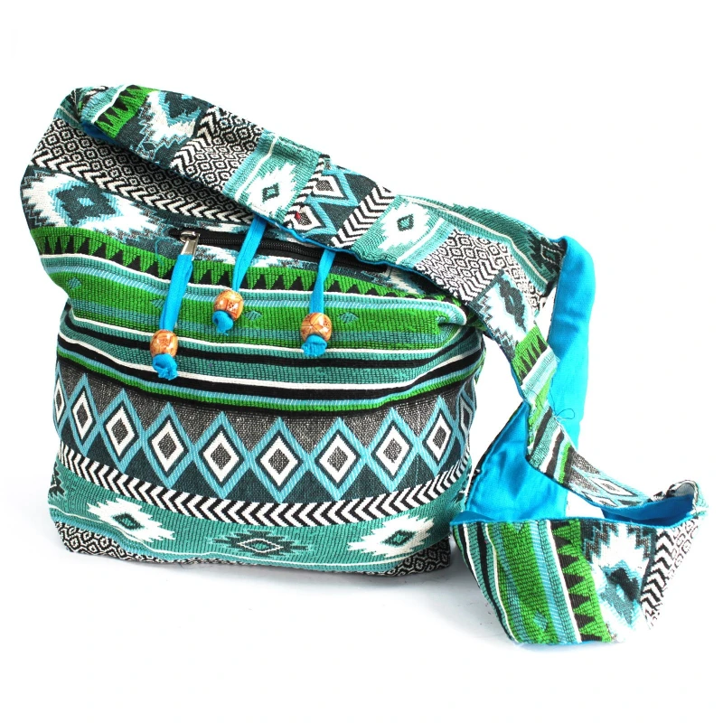 Duża niebiesko-zielona torba boho żakardowa na ramię
