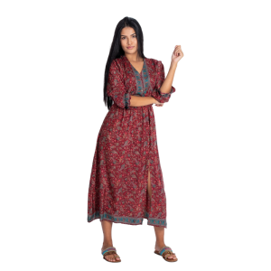 Bordowa sukienka midi boho z jedwabiu w paisley