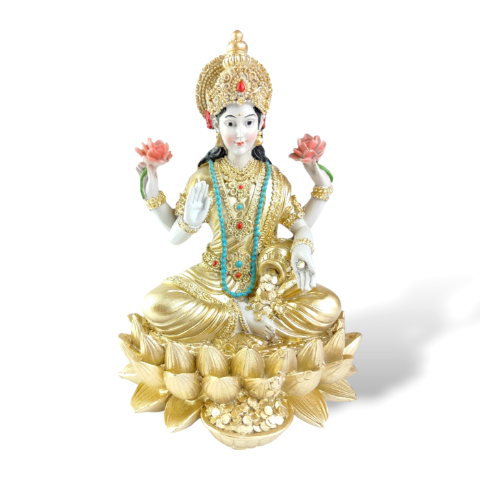 Złota figurka Lakshmi z żywicy 21,5 cm – bogini obfitości