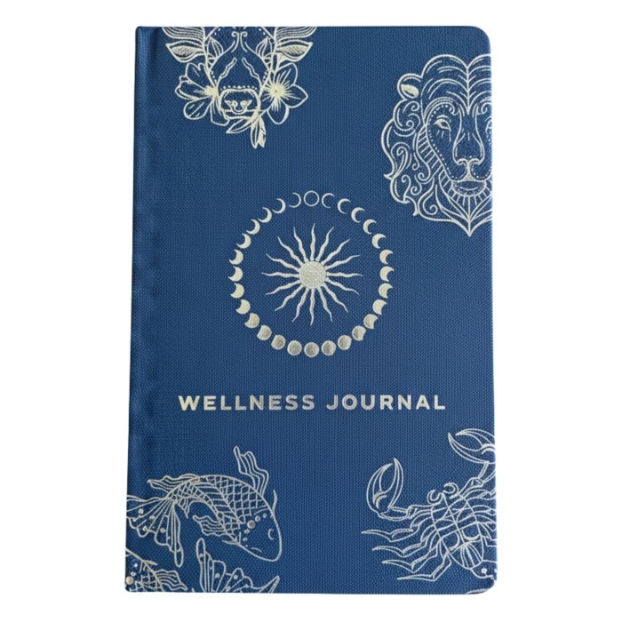 Granatowy dziennik wellness ze srebrnym motywem zodiaku