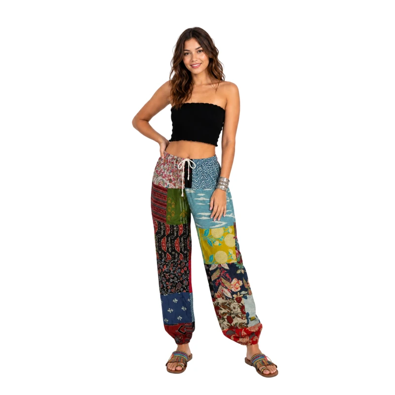 Niebiesko-żółte spodnie patchwork boho z bawełny