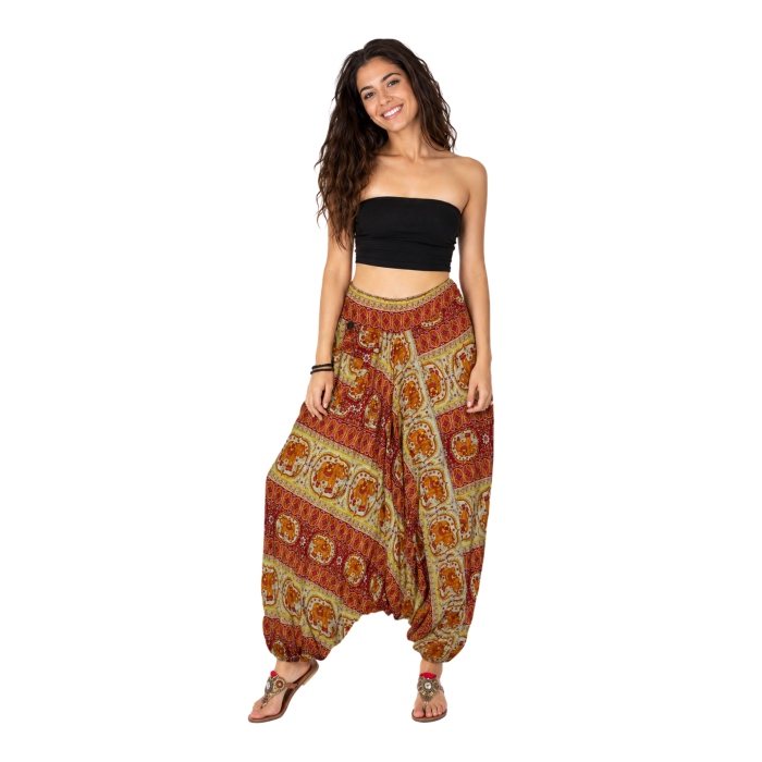 Spodnie boho alibaba z wiskozy – lekkie, szerokie spodnie unisex one size pomarańczowe z kieszonką