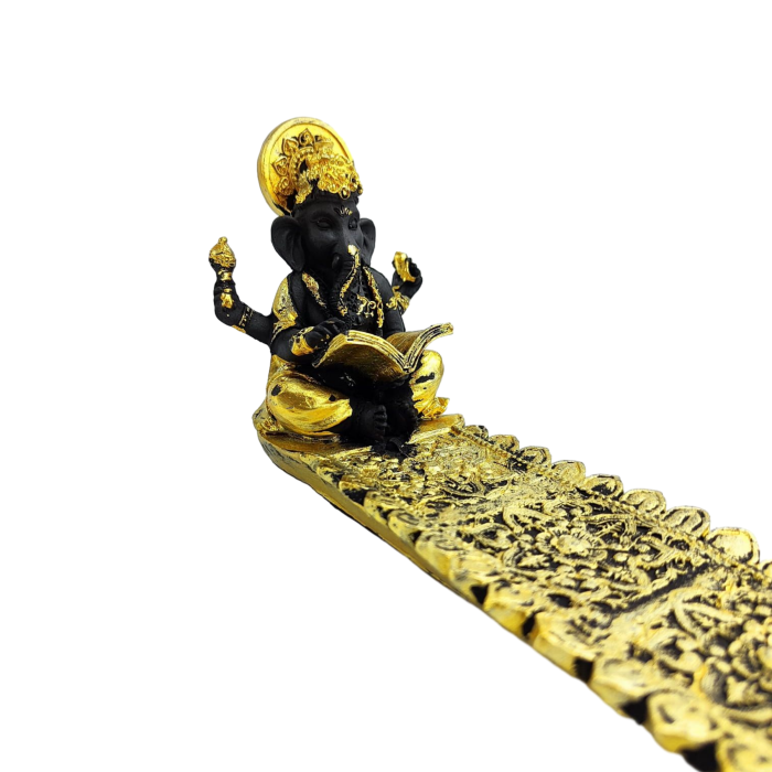 Podłużna złota podstawka na kadzidła z figurką Ganesha