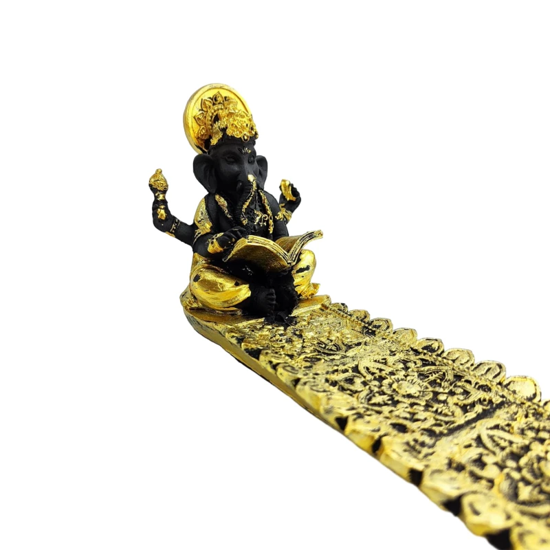 Podłużna złota podstawka na kadzidła z figurką Ganesha