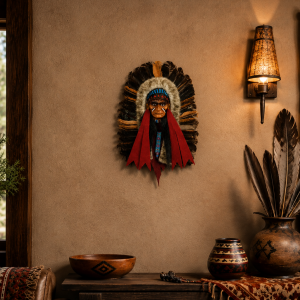 Maska dekoracyjna Indianin boho z piórami, tkaninami i koralikami