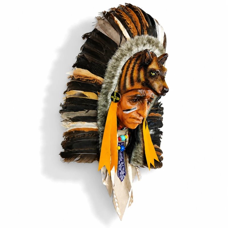 Unikatowa maska Indianin z naturalnymi piórami z Indonezji