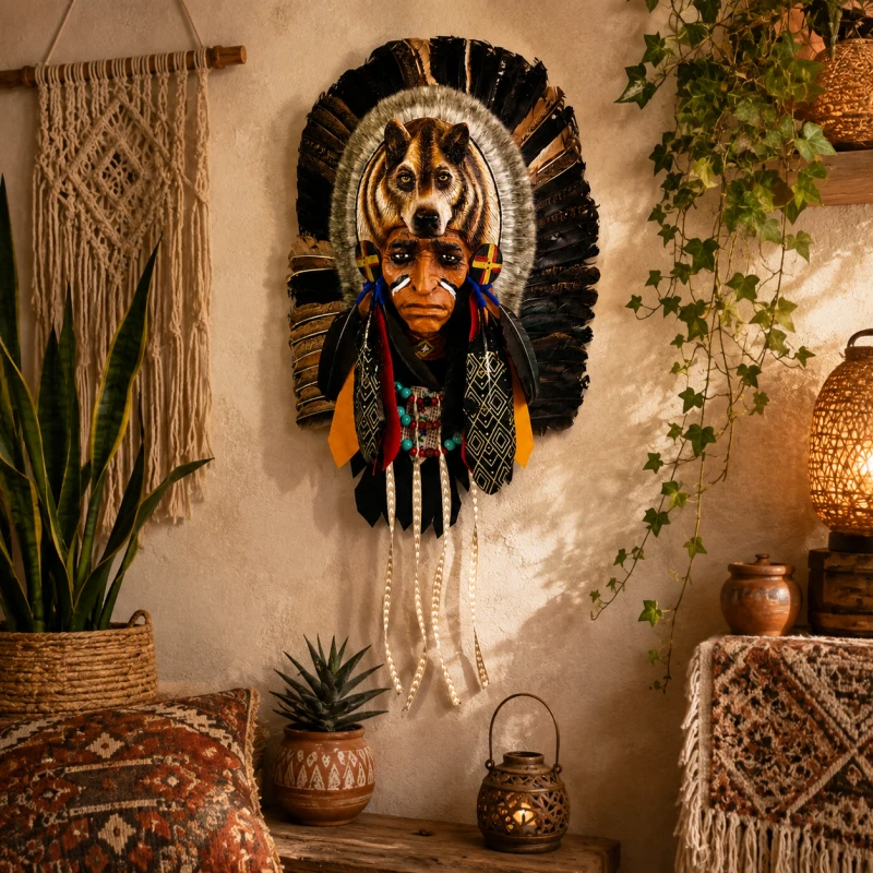 Duża maska dekoracyjna Indianin w aranżacji wnętrza boho