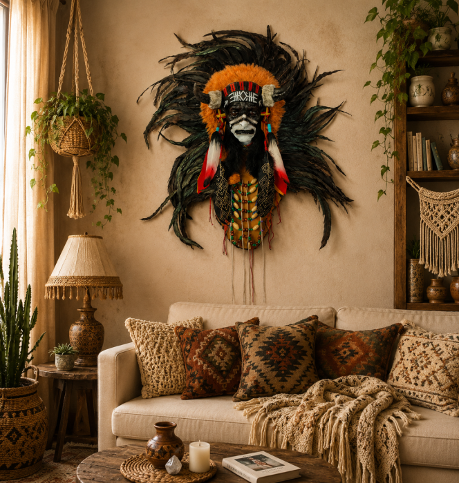 Duża maska dekoracyjna Indianin Wojownik jako dekoracja ścienna w stylu boho