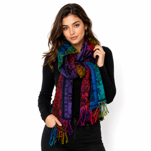 Wielobarwna pashmina z kaszmiru w stylu boho na osobie