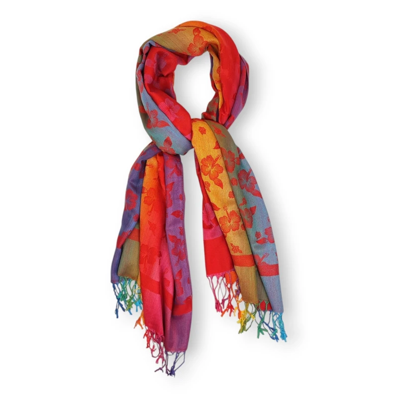 Pashmina 100% kaszmir ze Sri Lanki – kolorowy szal boho w kwiaty