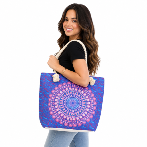 Fioletowa torba Mandala w stylu boho z uchwytem z liny