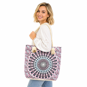 Torba Mandala w stylu boho z białą podstawą i linowym uchwytem
