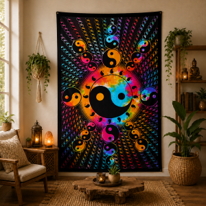 Duża bawełniana tkanina na ścianę z symbolem Yin Yang