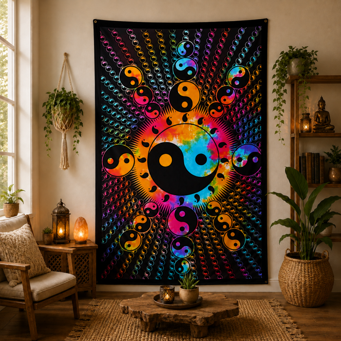 Duża bawełniana tkanina na ścianę z symbolem Yin Yang
