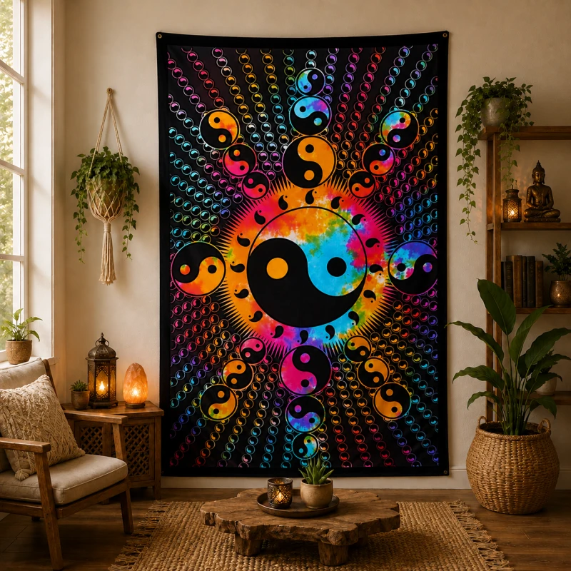 Duża bawełniana tkanina na ścianę z symbolem Yin Yang
