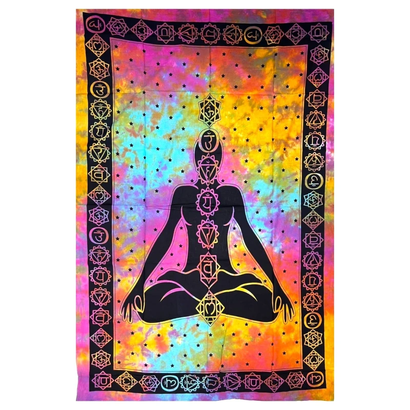Tkanina na ścianę 75x105 cm z medytującą postacią i czakrami