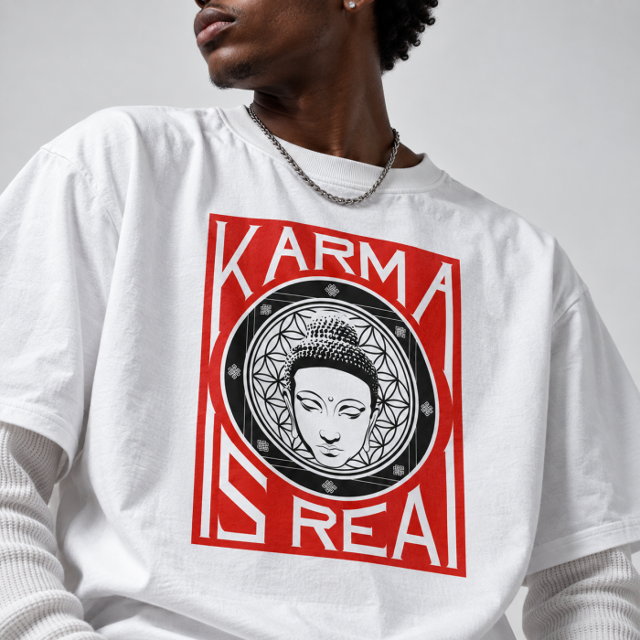 Biały T-shirt KARMA IS REAL by Hash z wizerunkiem Buddy
