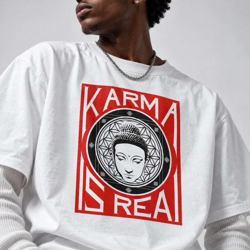 Biały T-shirt KARMA IS REAL by Hash z wizerunkiem Buddy