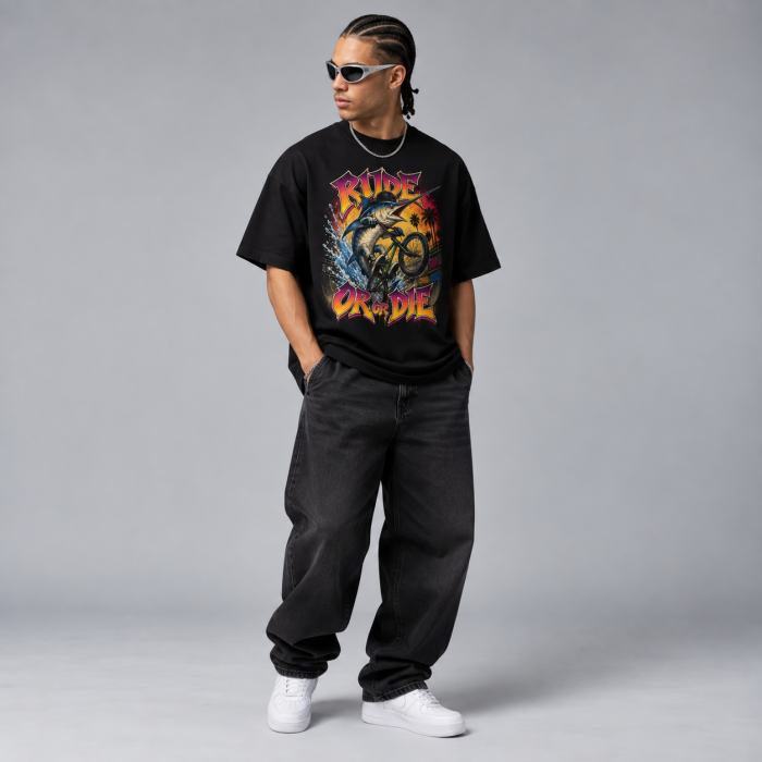 T-shirt unisex KARMA RIDE OR DIE z rowerem i falami
