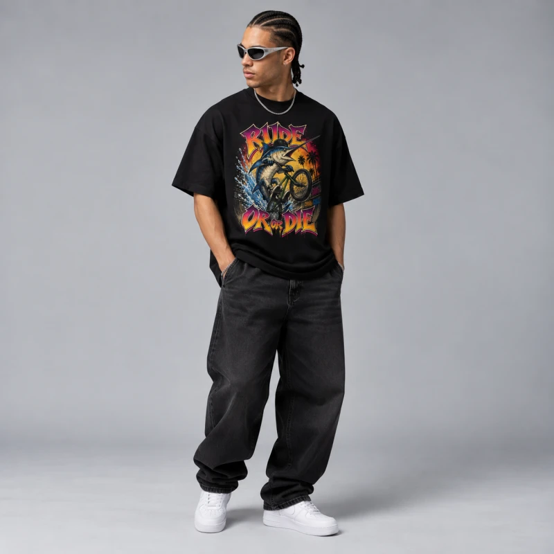 T-shirt unisex KARMA RIDE OR DIE z rowerem i falami