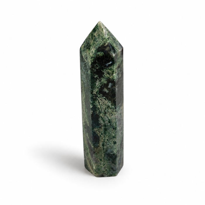 Obelisk z naturalnego agatu mszystego 9 cm – zielony kamień z organicznymi wzorami