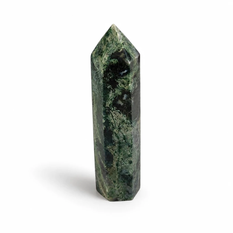 Obelisk z naturalnego agatu mszystego 9 cm – zielony kamień z organicznymi wzorami