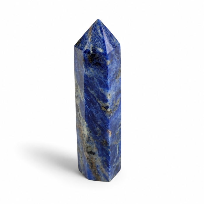 Obelisk z naturalnego sodalitu 7,5 cm – niebieski kamień z naturalnymi wzorami