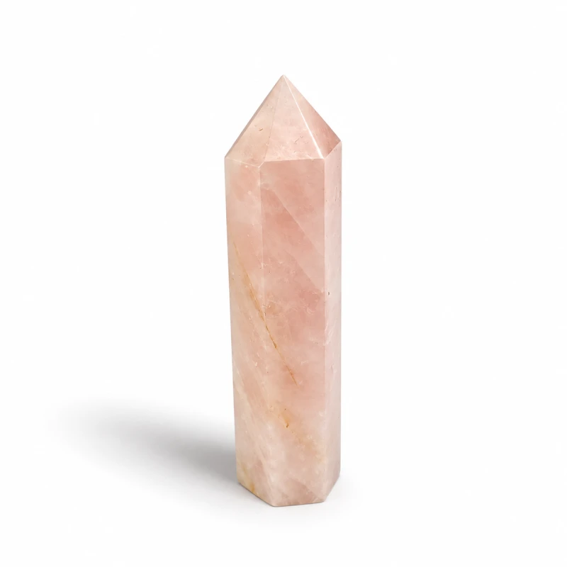 Obelisk z naturalnego kwarcu różowego 8,5 cm – jasnoróżowy kamień o mlecznej strukturze