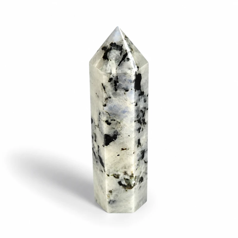 Obelisk z naturalnego kamienia księżycowego 7,5 cm – mleczny kamień z czarnymi inkluzjami