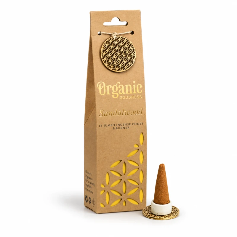Kadzidła stożkowe Sandalwood Jumbo Organic Goodness – 12 sztuk z mini podstawką z Kwiatem Życia