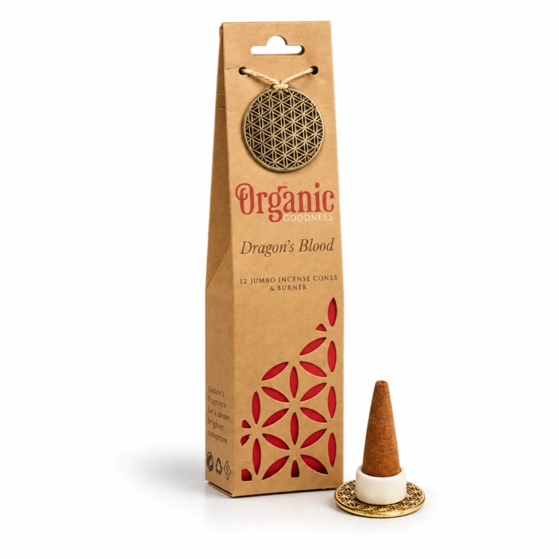 Kadzidła stożkowe Dragon's Blood Jumbo Organic Goodness – 12 sztuk z ceramiczną i metalową podstawką z Kwiatem Życia