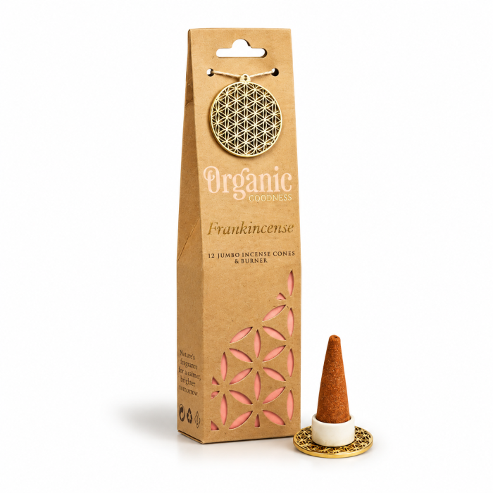 Kadzidła stożkowe Frankincense Jumbo Organic Goodness – 12 sztuk z ceramiczną i metalową podstawką z Kwiatem Życia