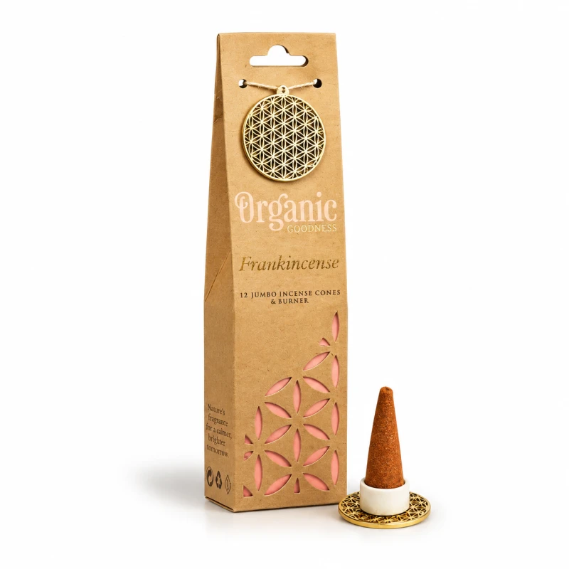 Kadzidła stożkowe Frankincense Jumbo Organic Goodness – 12 sztuk z ceramiczną i metalową podstawką z Kwiatem Życia