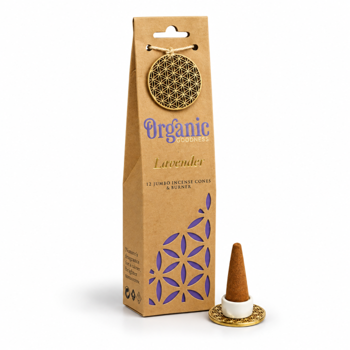 Kadzidła stożkowe Lavender Jumbo Organic Goodness – 12 sztuk z ceramiczną i metalową podstawką z Kwiatem Życia