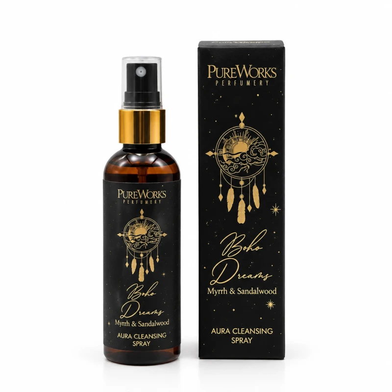 Aromatyczny spray Boho Dreams PureWorks – Mirra i Drzewo Sandałowe 100 ml