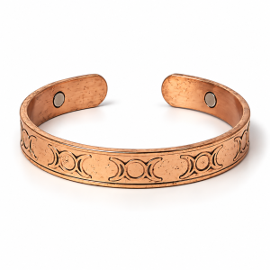 Miedziana bransoletka magnetyczna z motywem faz Księżyca – szeroka bransoletka boho typu cuff