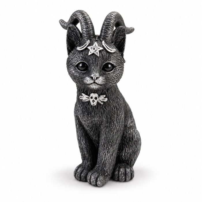 Figurka Kota Wicca z żywicy 14 cm – czarny kot z rogami, pentagramem i czaszką