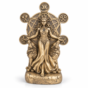 Figurka Bogini Hekate 18 cm z symbolami kluczy, pochodni i potrójnego Księżyca, ręcznie malowana w Indiach