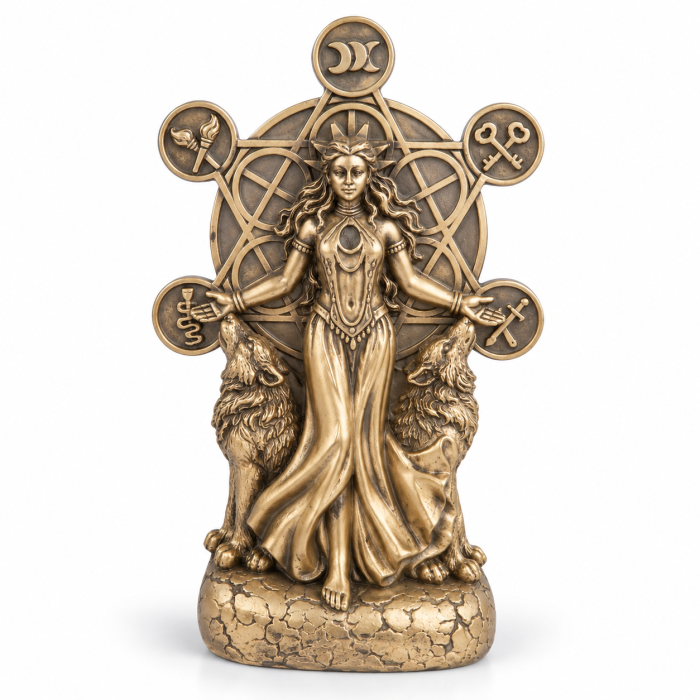 Figurka Bogini Hekate 18 cm z symbolami kluczy, pochodni i potrójnego Księżyca, ręcznie malowana w Indiach