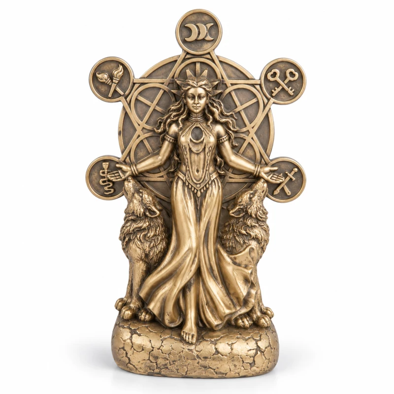 Figurka Bogini Hekate 18 cm z symbolami kluczy, pochodni i potrójnego Księżyca, ręcznie malowana w Indiach