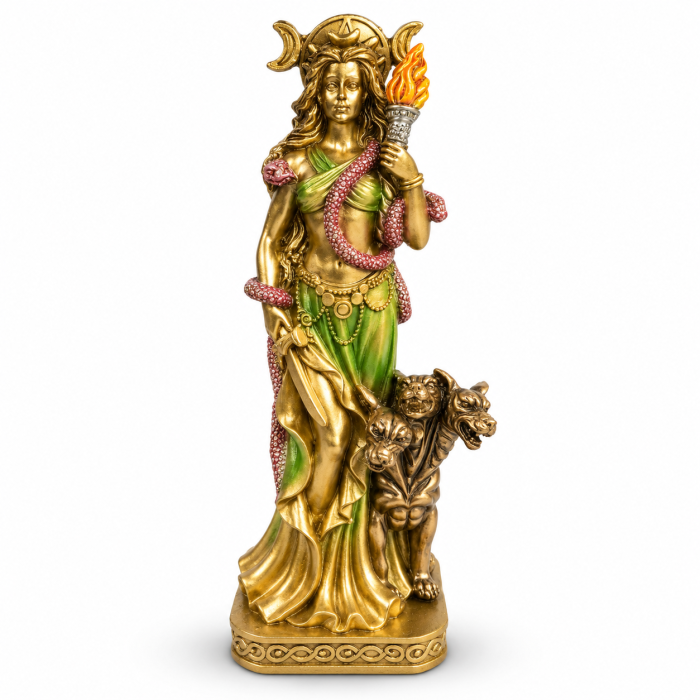 Figurka Bogini Hekate z trójgłowym psem, potrójnym Księżycem i pochodnią, 18 cm