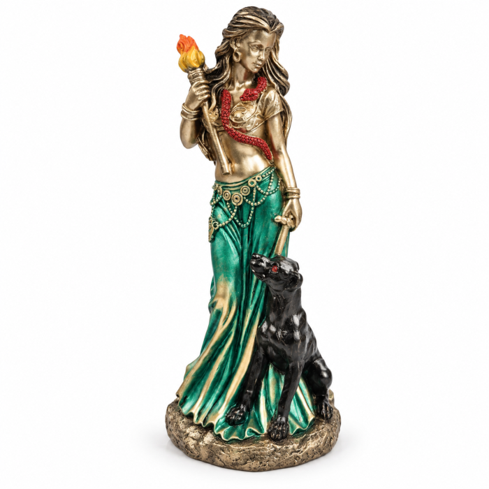 Figurka Bogini Hekate z czarnym psem, pochodnią i wężem, 18 cm, ręcznie malowana w Indiach