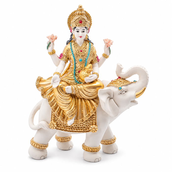 Figurka Lakshmi na białym słoniu 23,5 cm z żywicy, ręcznie malowana w Indiach
